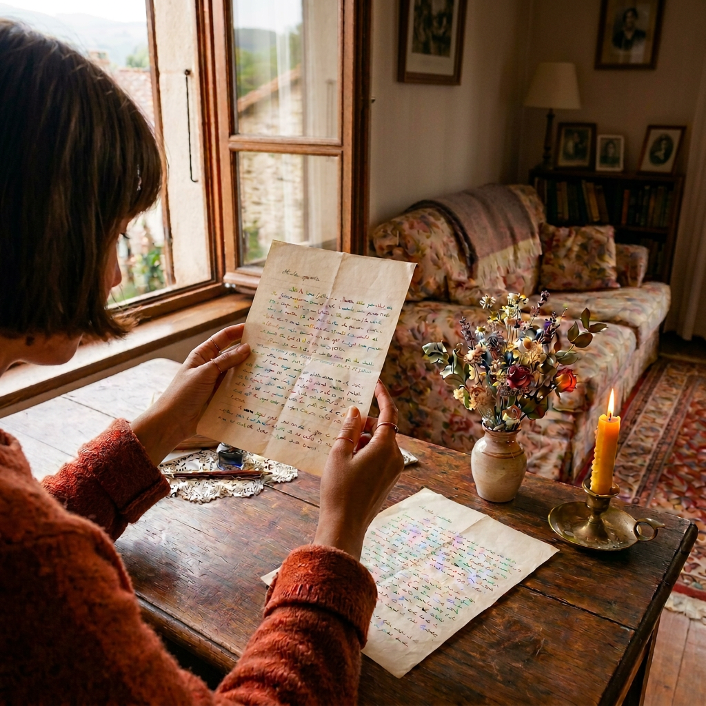 Person reading a handwritten letter beside flowers and a lit candle